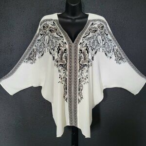 NWT~ROSE + OLIVE~SZ L~BLACK IVORY FLORAL TUNIC TOP BLOUSE KIMONO PEASANT DOLMEN